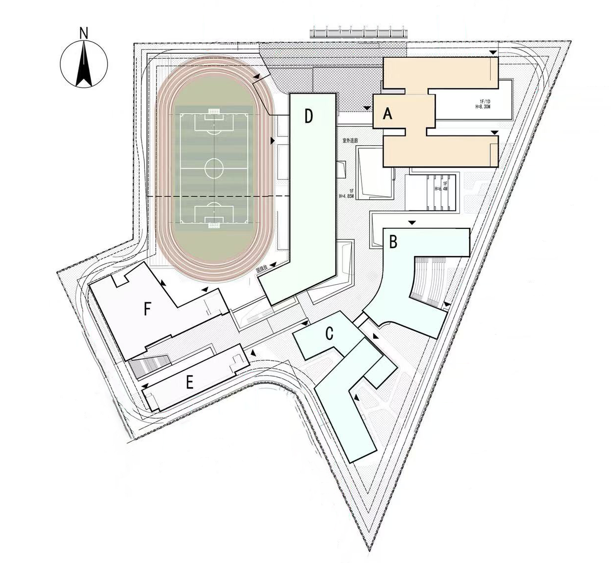 设施整体平面图，包含A、B、C、E、F区及操场的布局分布